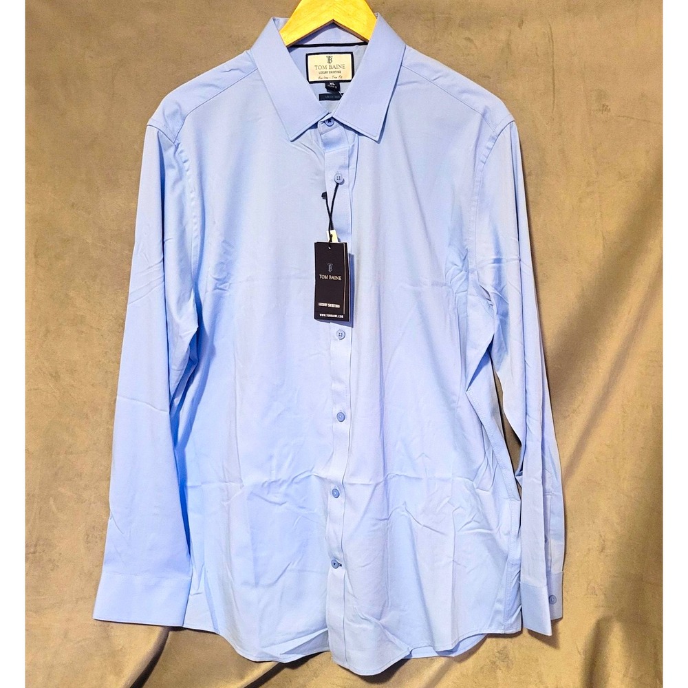 Tom Baine Luxury Shirting Blue Trim Fit Non-Iron Stretch Shirt XL 17-17.5 NWT